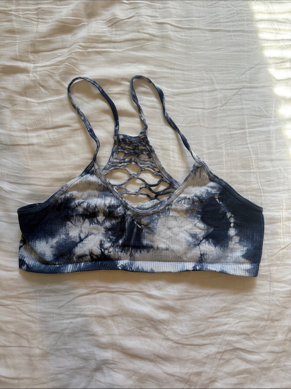 Free People Blue & White Tie-Dye Lattice-Back Bralette